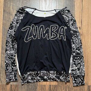 Zumba Off The Shoulder Long Sleeve Shirt Women's Size Large in Black & White EUC